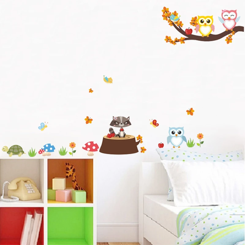 

Cute Owls Turtle Butterfly Animal Wall Stickers For Kids Room Bedroom Home Decoration Diy Cartoon Mural Art Pvc Wall Decal