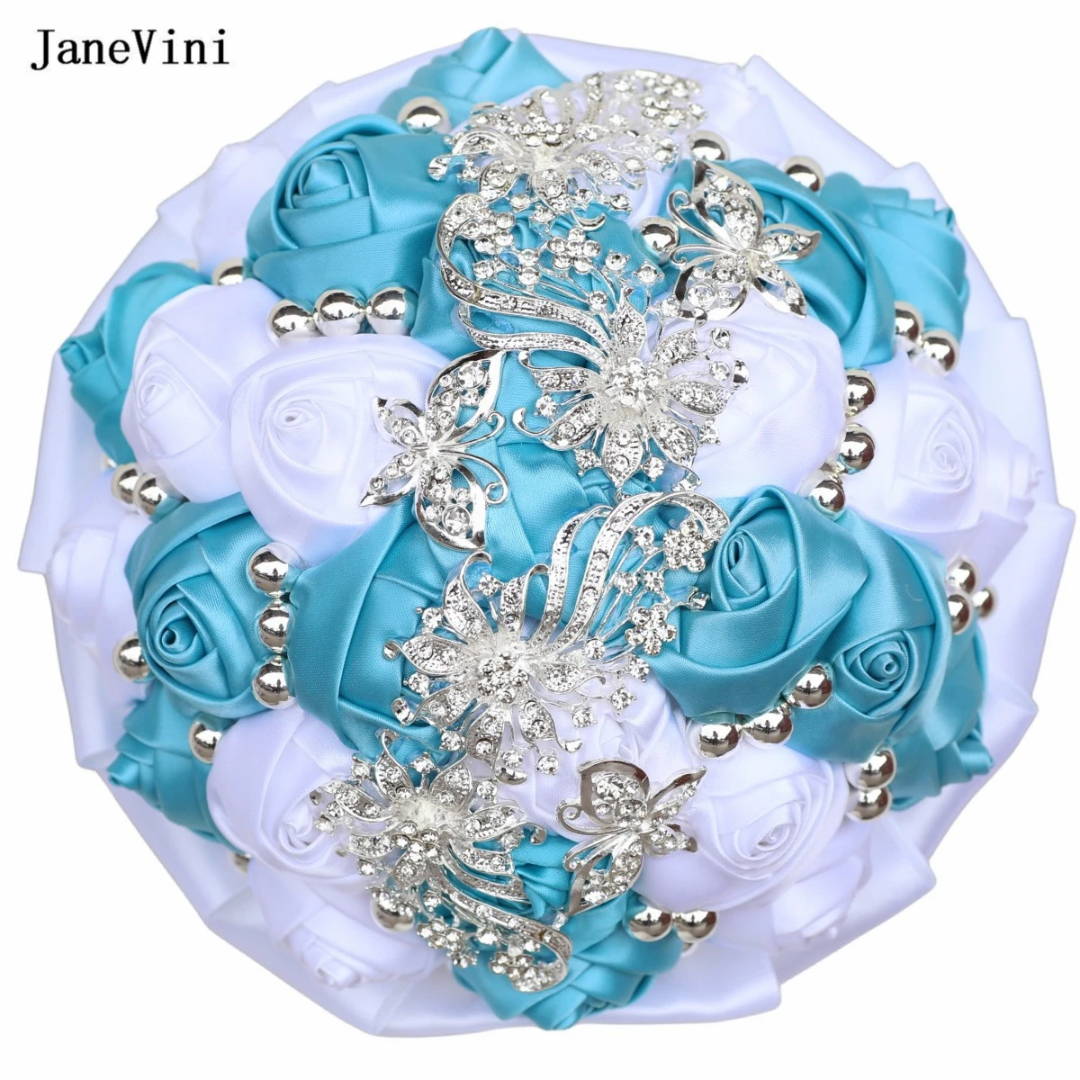 JaneVini блестящие серебряные стразы с жемчугом, свадебная брошь, букеты, шахматные цветы, искусственные атласные розы, свадебный букет для невесты