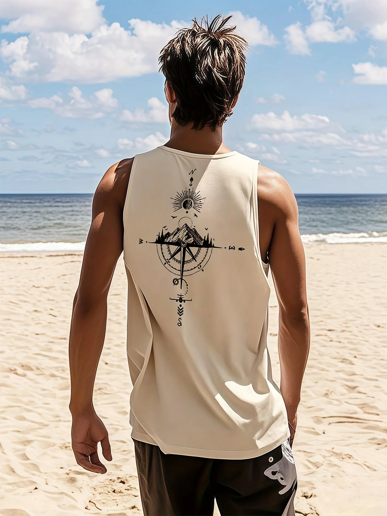 Men's fashionable casual sports loose compass and mountain pattern print comfortable and breathable round neck sleeveless vest image 5