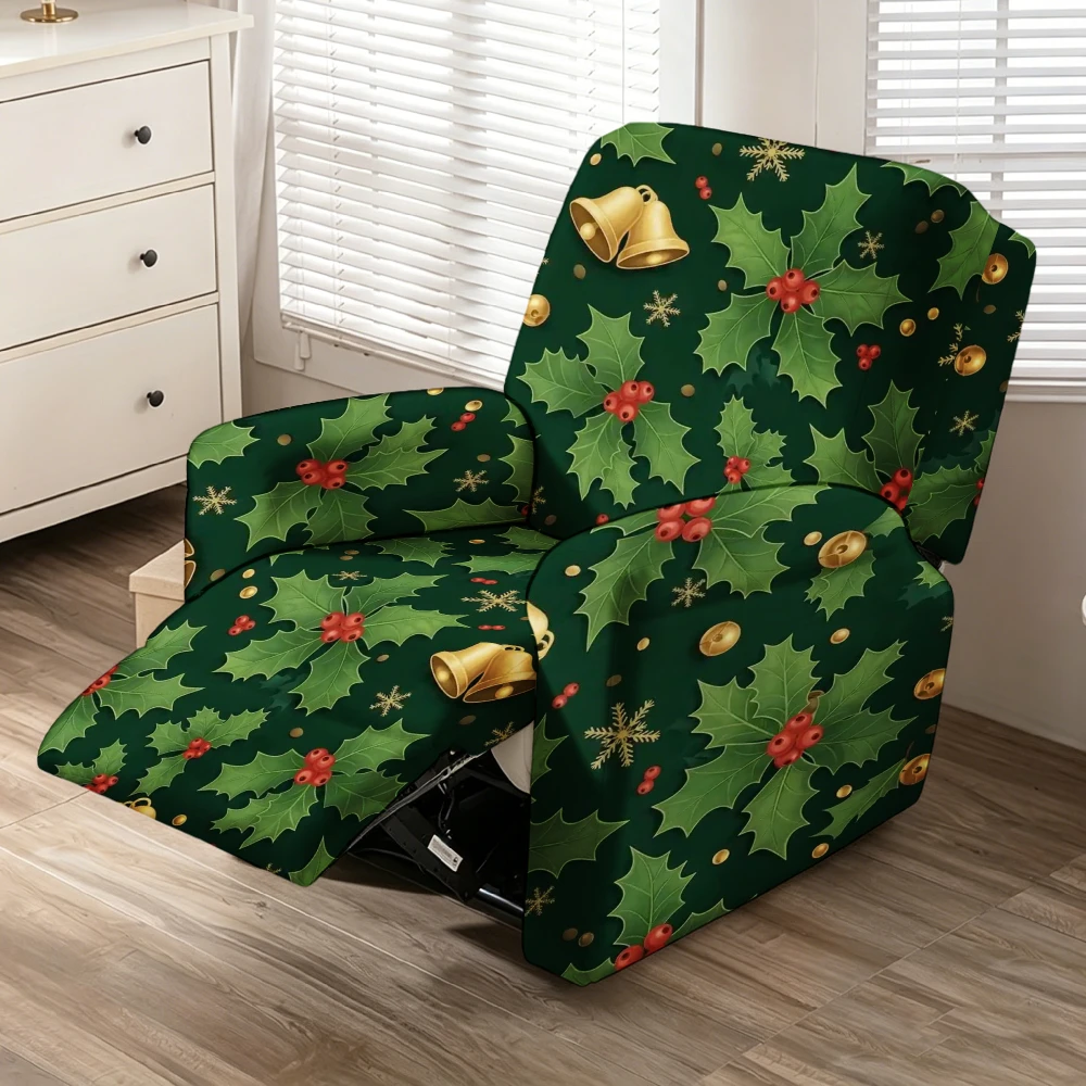 Dark Green Holly Bell Snowflake Christmas Recliner Chair Cover Stretch Slipcover Holiday Furniture Protector