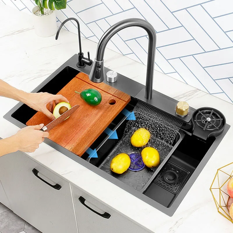 New Black Nano 304 Stainless Steel Waterfall Kitchen Sink  Large Single Slot Above Mount Waterfall Faucet For Kitchen Renovation