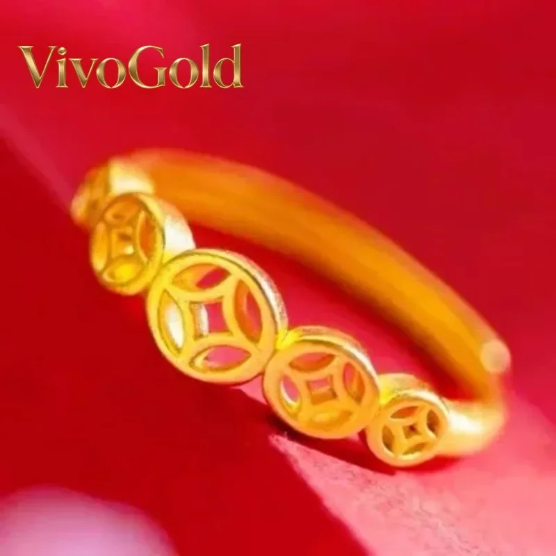 VivoGoldQian Duoduo Ring 9999 24K Real Gold Retro Hollow Coin Ring Women's Wangcai Index Finger Ring