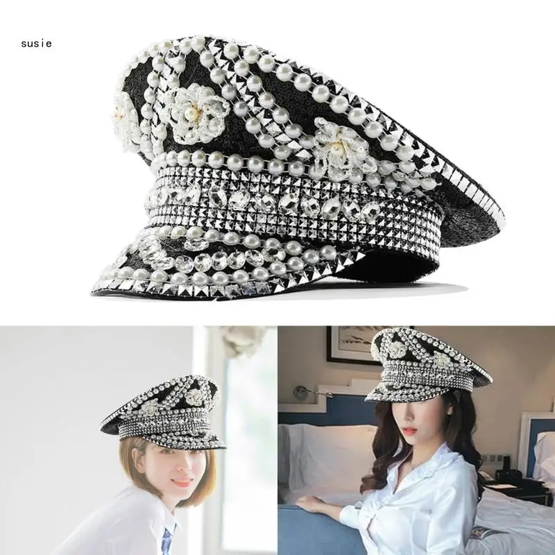 Blingbling Captain Hat Crystal ingelegde hoed Hat voor fotografie rekwisieten X7YA