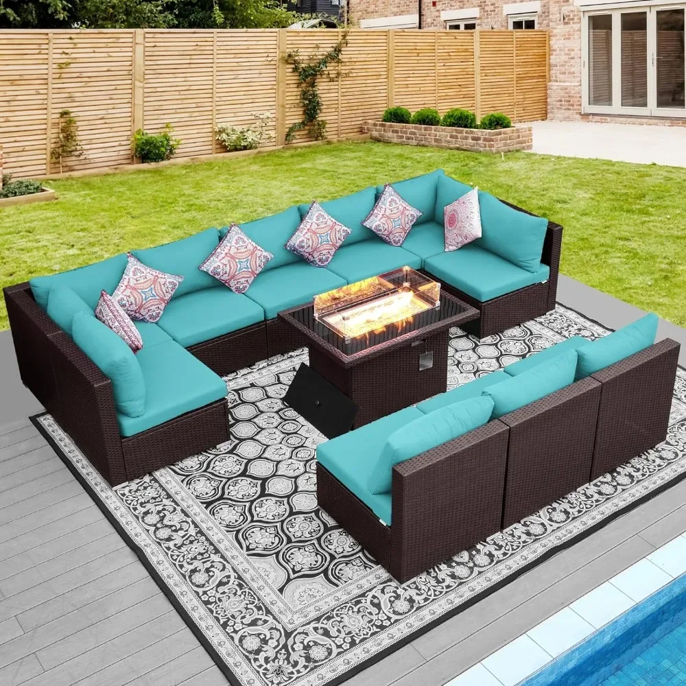 Set Sofa furnitur teras luar ruangan dengan meja Pit api, rotan anyaman cokelat PE ukuran besar mewah, tahan UV, 11 buah