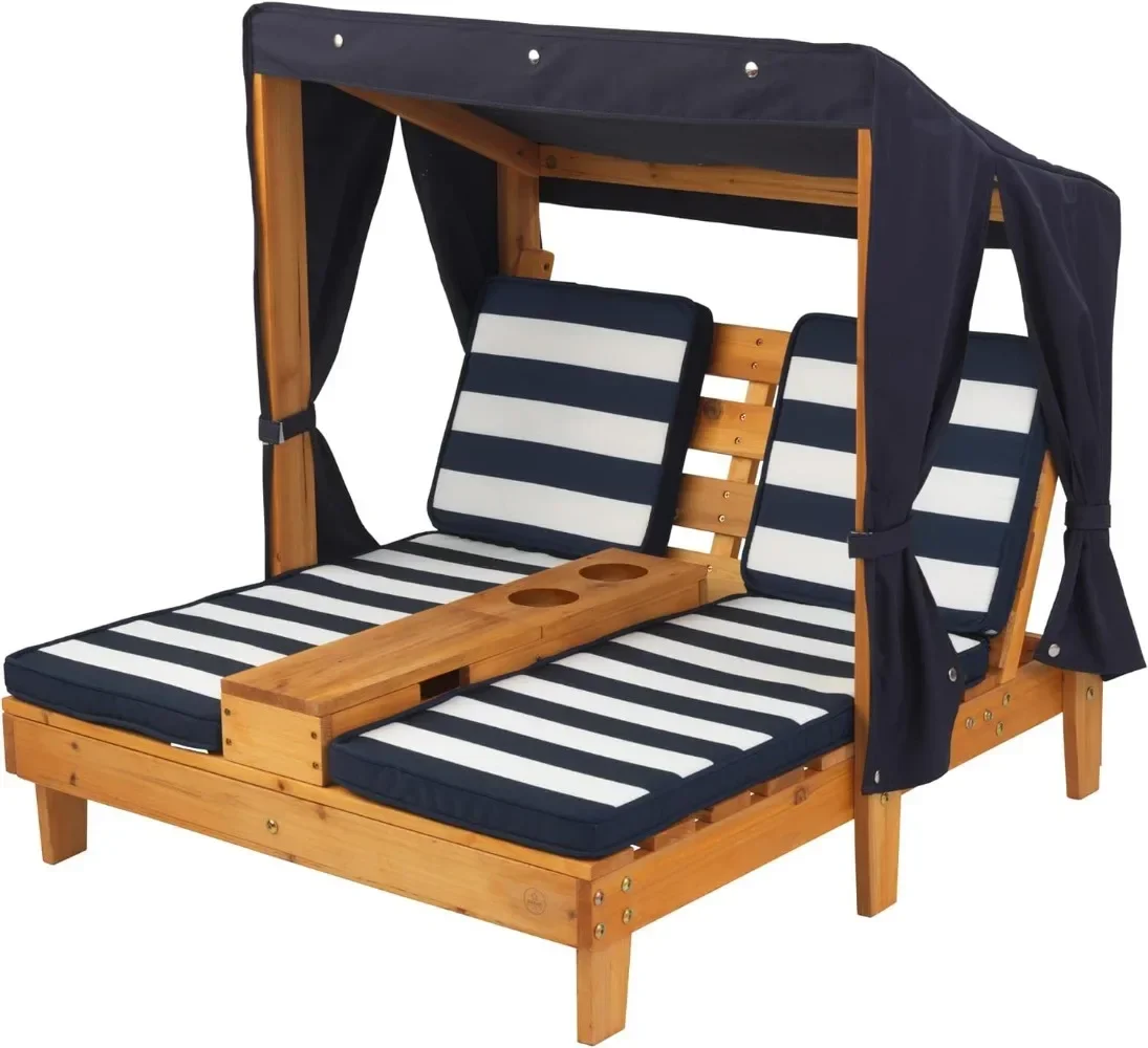 Wooden Outdoor Double Chaise Lounge with Cup Holders, Kid's Patio Furniture, Honey with Navy and White Striped Fabric