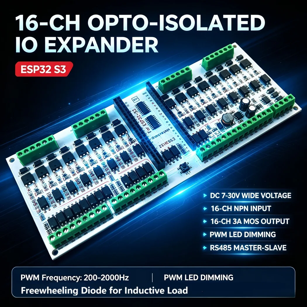 ESP32 S3 IO Board 16CH Optocoupler Isolated NPN Input 16CH 3A MOS Output RS485 PWM LED Dimming WIFI MQTT Remote Switch