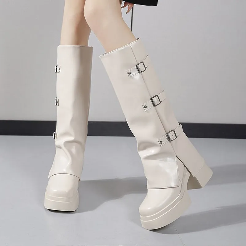 Luxury New Woman Boots Knee High Platform Chunky Heels Trend Punk Gothic Rock Leather Fashion Women's Shoes Motorcycle Footwear