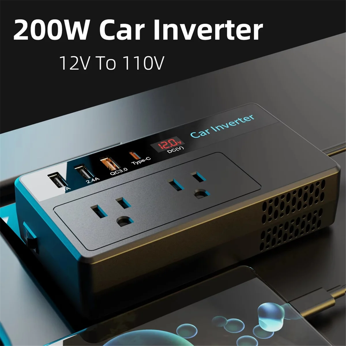 ABNJ 200W Car Inverter DC 12V to 110V AC Power Inverters 3 USB 1 Type-C Ports Adapter Car Plug Converter with Screen US Plug view 6