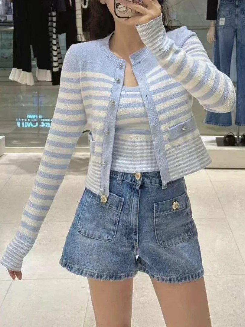 

High-End Version Blue Striped Knitted Wrap Top Spring Summer Women's Faionous Outfit Series Ele Sle Casual Wear