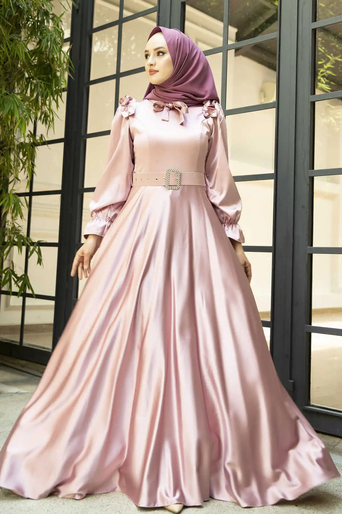 Kemerli Satin Evening Dress Pink