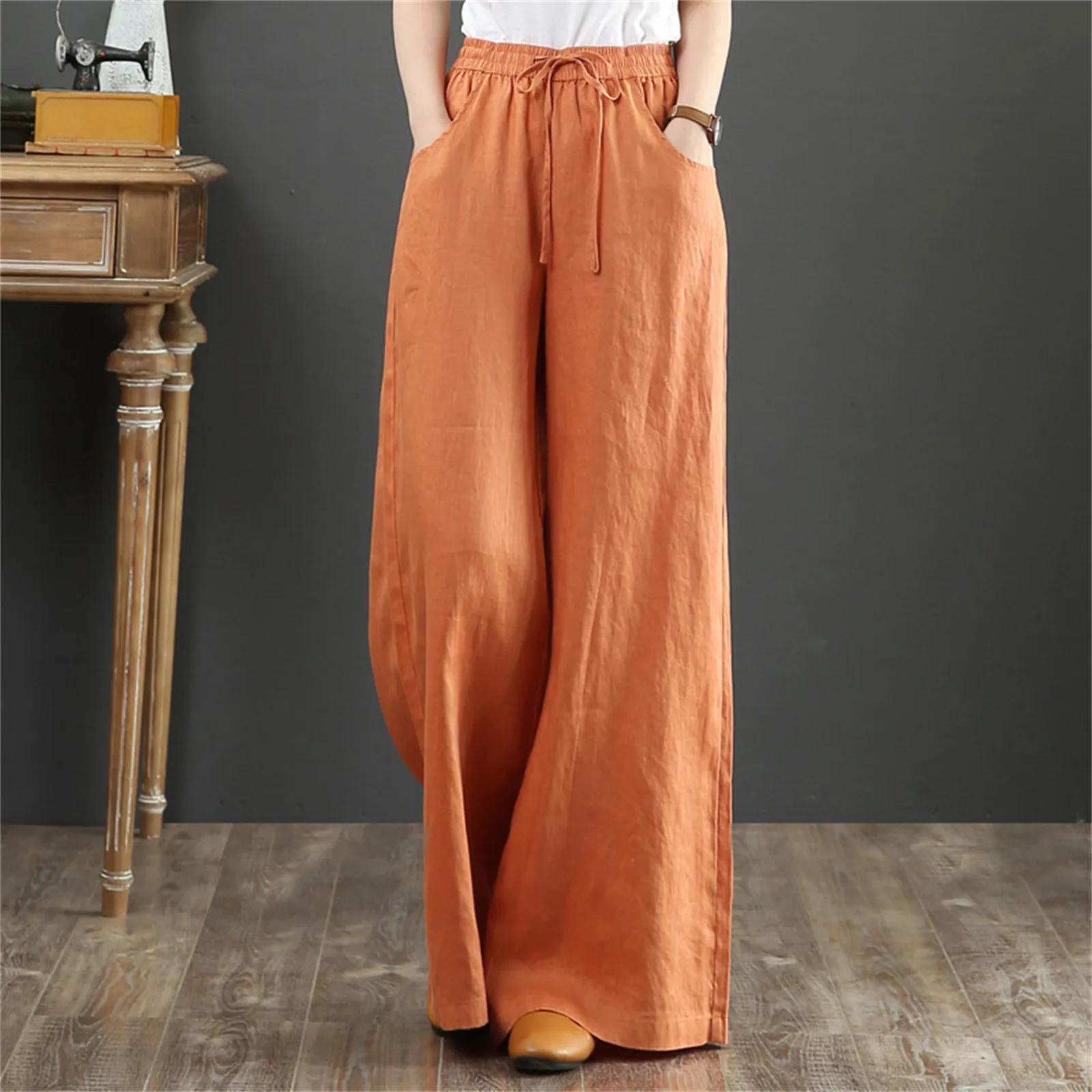 Lady Orange High Waisted Floor Length Trousers Women Drawstring Wide Leg Pants With Pocket Solid Color Loose Fit Female Pants