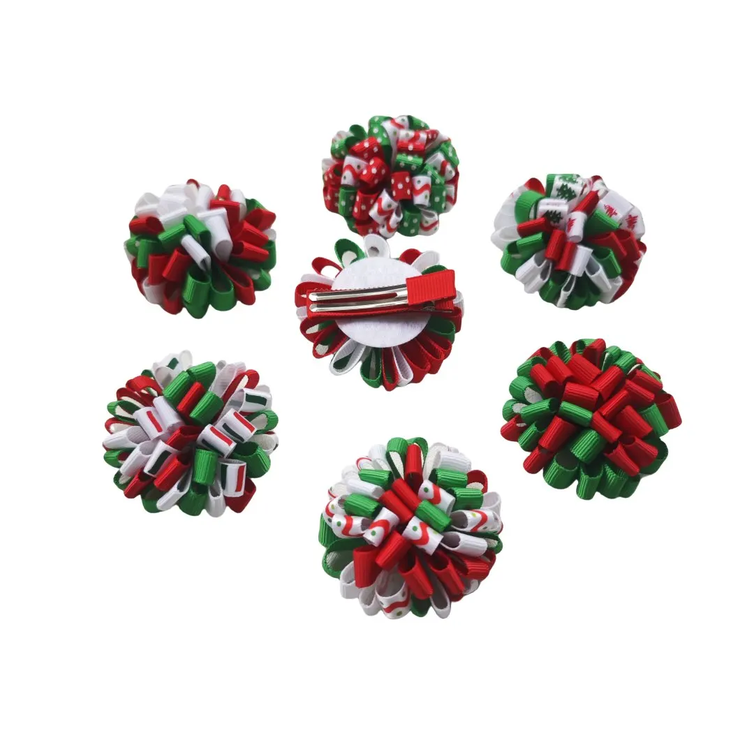 

Christmas 2" Flowers Balls Hair Bows Clip Loopy Ribbon Kids Girls Xmas Hairpins Elastic Hairbands Bobbles Headband 10PCS HD3236