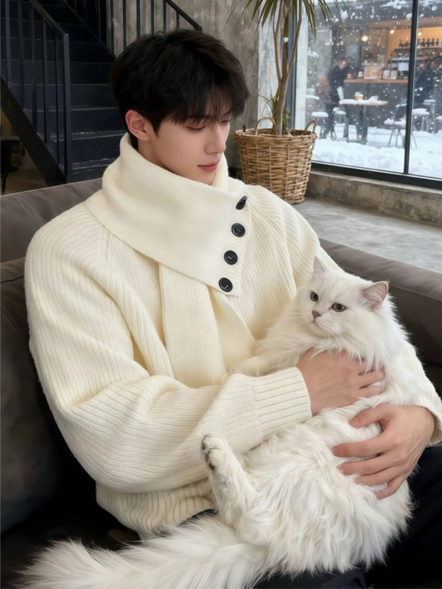 

Men's Loose Knitted Sweater Autumn Winter Sle Lazy Faion Design Sense Scarf Matching Long Sve Soft Comfortable Polyest...