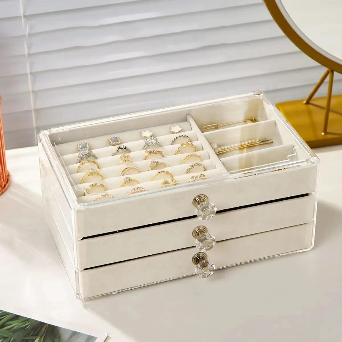 1pc can stack 3 layers of beige/gray drawer style jewelry box earrings rings necklaces bracelets organizing box - view 5