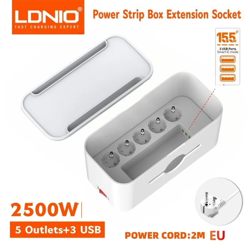 LDNIO EU Power Strip Management Box Netwerkfilter Pop Socket 3 USB Multi Outlet Verlengkabel 2M Overspanningsbeveiliging Stekkeradapter