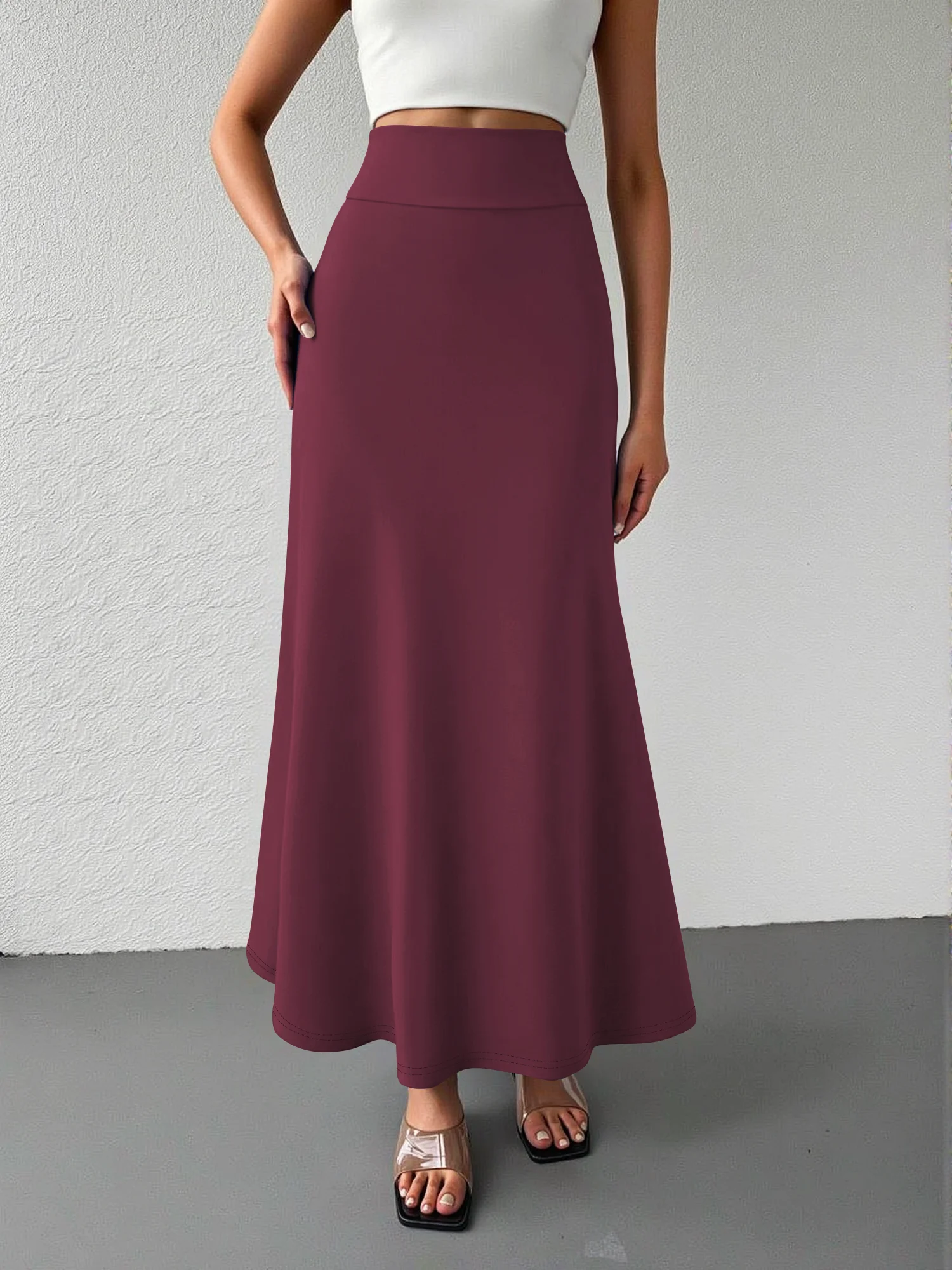 Minimalist Fold-Over Waist Maxi Skirt, Flowy Relaxed Fit, City Stroll & Coffee Run Outfit