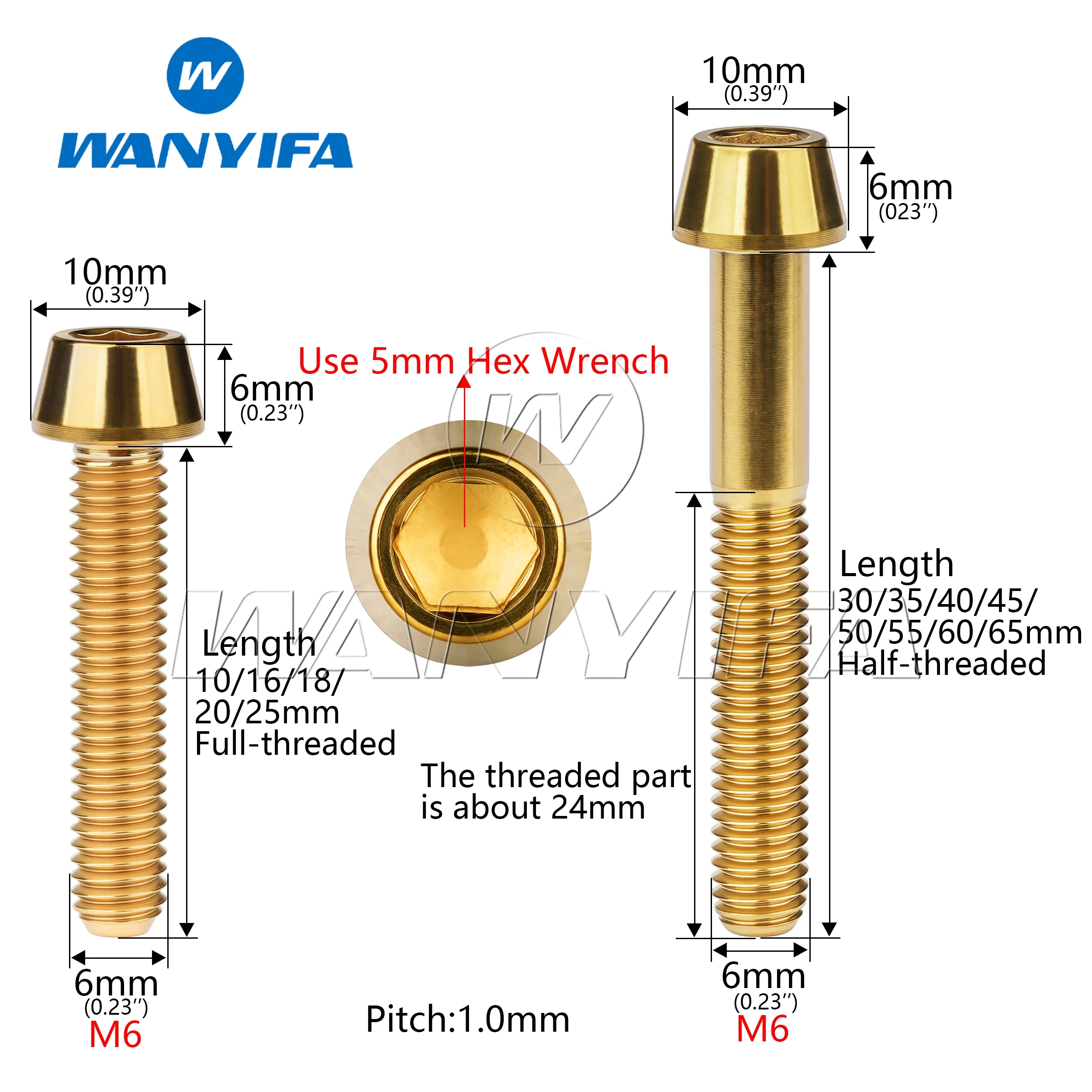 Wanyifa Titanium Bolt M6 x 10 15 16 18 20 25 30 35 40 45 50 55 60 65mm Allen Key Taper Head Bolt Screw for Bicycle Headset Brake