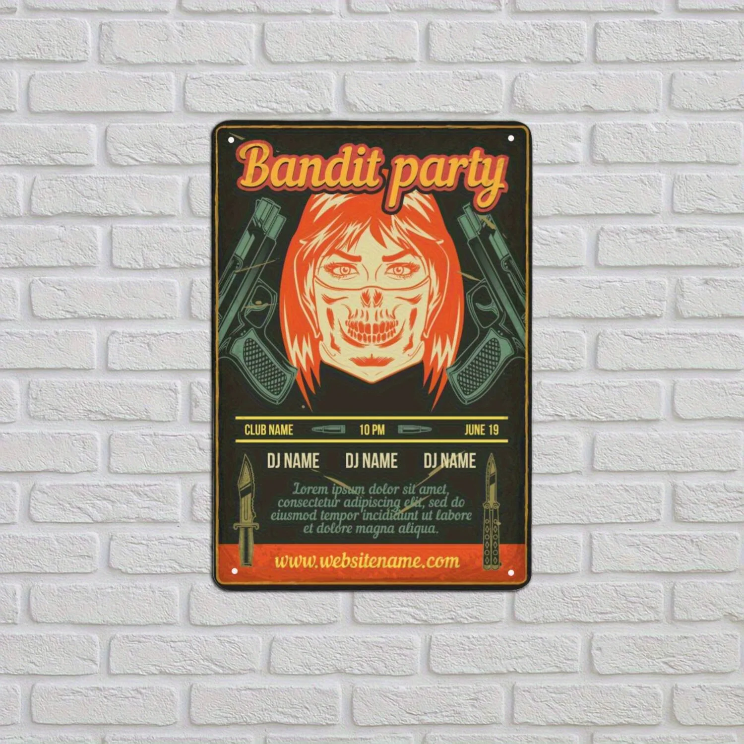 Vintage Tin Metal Sign - Bandit Party Skull & Guns Print Waterproof Wall Art,  Retro Art Deco Decor for Home Garage Cafe Bar, I