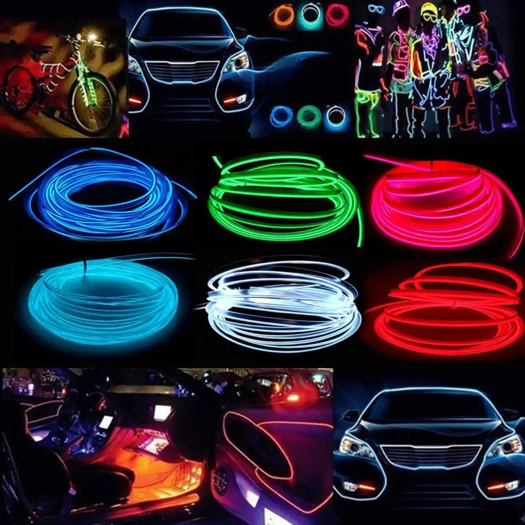 Car EL Wire LED Light Interior Ambient LED Strip Neon Lighting Garland Wire Rope Tube Decoration Flexible Tube Colors Auto Led