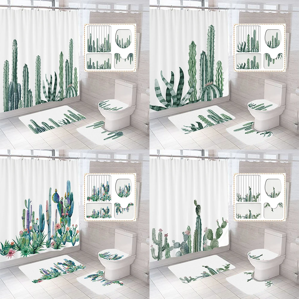 

High Quality Plants Shower Curtains Green Leaves Cactus Print Bathroom Curtain Anti Slip Pedestal Rug Lid Toilet Cover Bath Mat