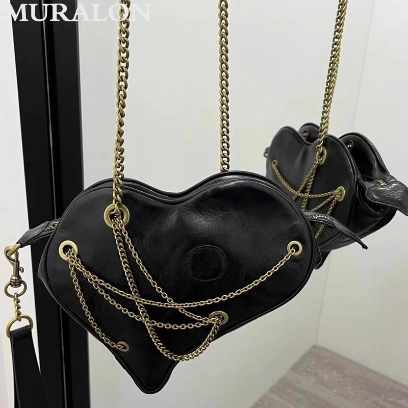 Fashion Versatile Love Heart Shape Multi Chain Shoulder Crossbody Bag Pu Leather Trendy Casual Vintage Design Tote High Quality