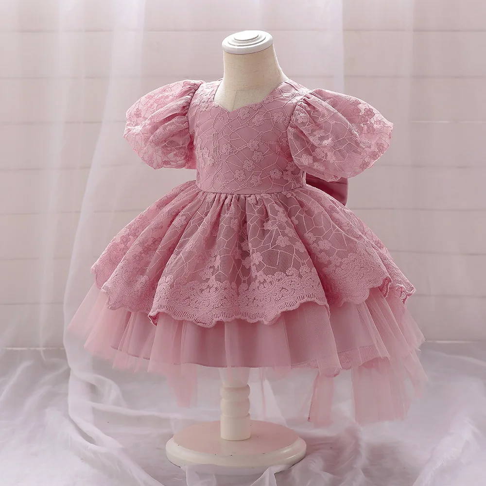 Gauze Ball Gown Wedding Birthday Girls Party Dress 4 Colors 4Y-7Y Princess Dress Puff Sleeve Christmas Trailing Skirt