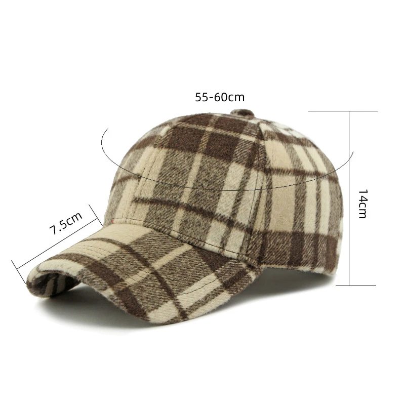 Unisex Plaid Baseball Cap Adjustable Warm Polyester Duckbill Hat for Fall Winter 55-60cm Bowed Brim