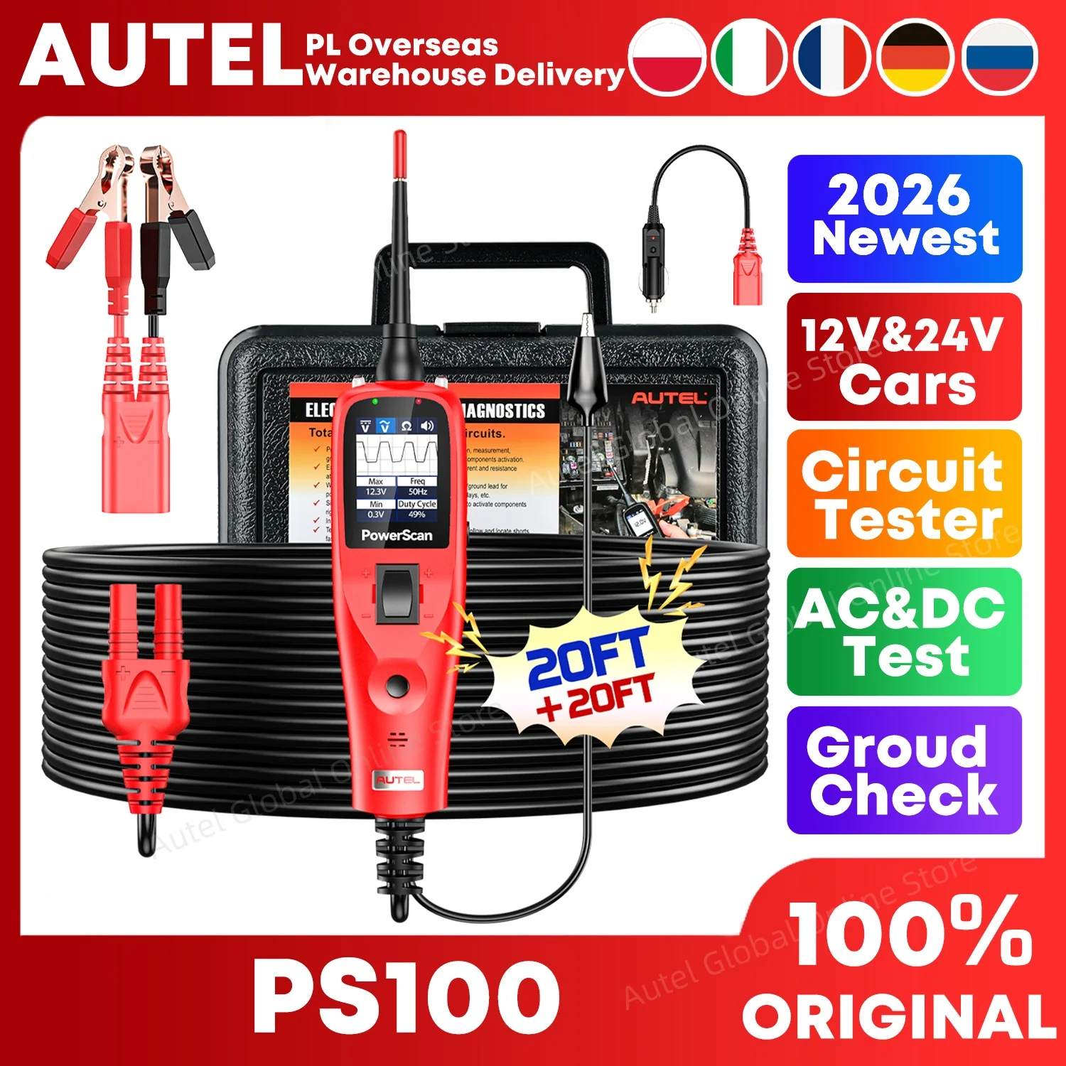 Testeur de circuit automobile Autel PowerScan PS100, outil de diagnostic 4 modes, AVOmeter, scanner OBD2, outils de diagnostic électrique