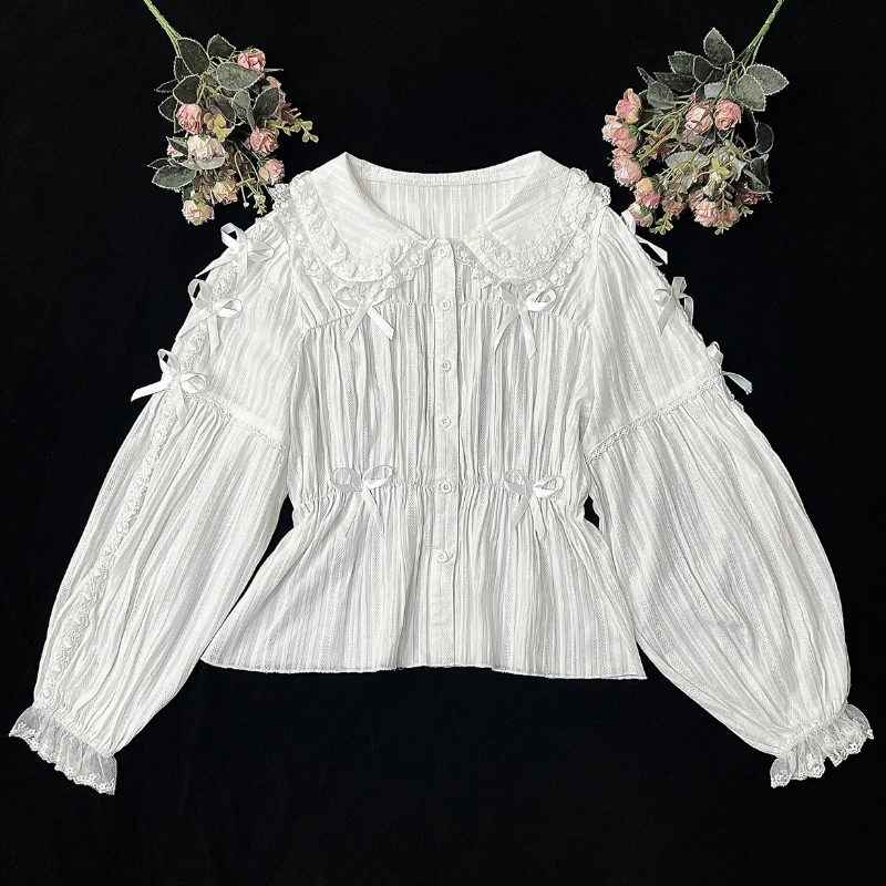 Sweet Lolita Blouse Girls Cute Bow Lace Peter Pan Collar Long Sleeve Shirts Tops Black High Waist Slim Woman Blouses 2022 Autumn