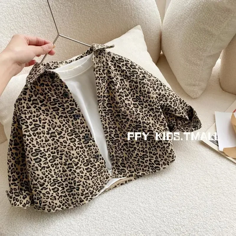 Blouses Boys T-shirt Turn-down Collar Leopard Print Button Long Sleeve Spring Fall Cool Pretty Soft Cotton Turn Down Collar 2024