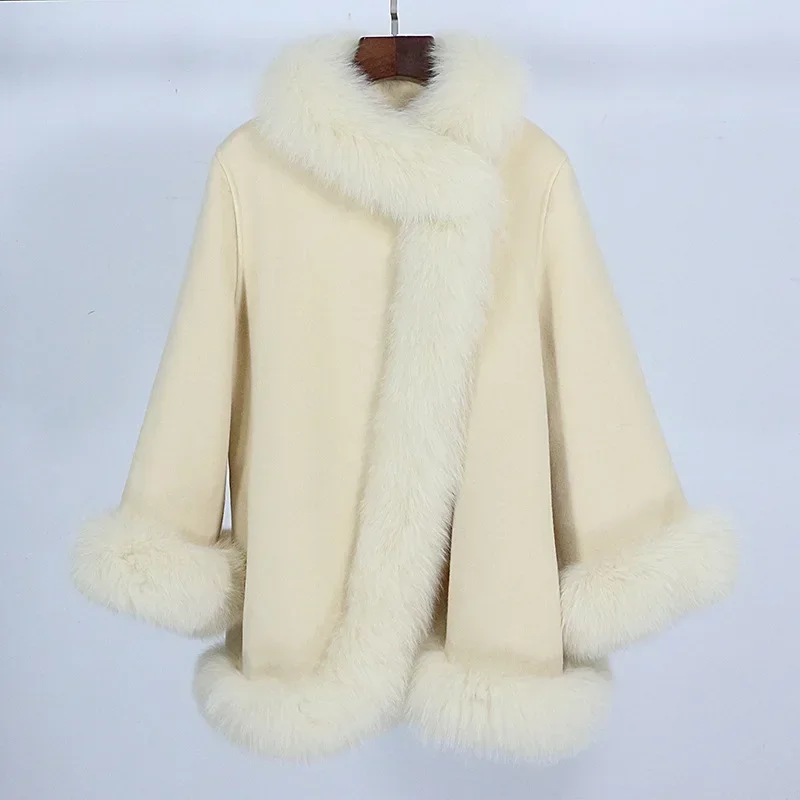 

2024 Warm Oversized Real Fox Fur Collar Cuffs Elegant White Wool Coat Women Elegant Real Fur Coat Natural Fox Fur Jacket Female