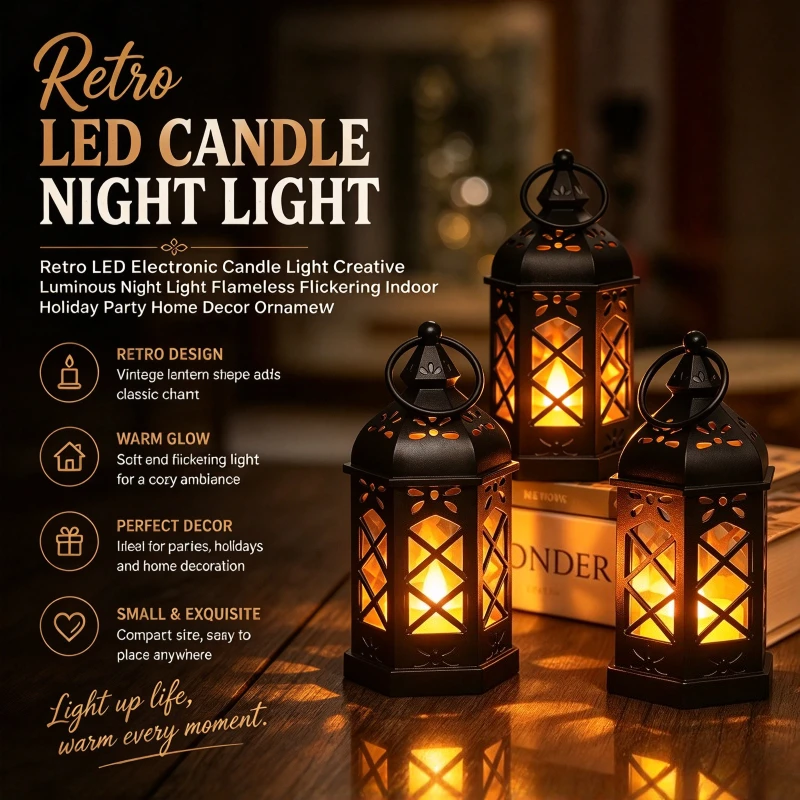 Retro LED Electronic Candle Light Creative Luminous Night Light Flameless Flickering Indoor Holiday Party Home Decor Ornament