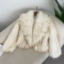 New Fluffy Luxury Fur Knitted Coat Women Winter Overcoat Real Natural Raccoon Fur Jacket Natural Fur Collar Outerwear Short