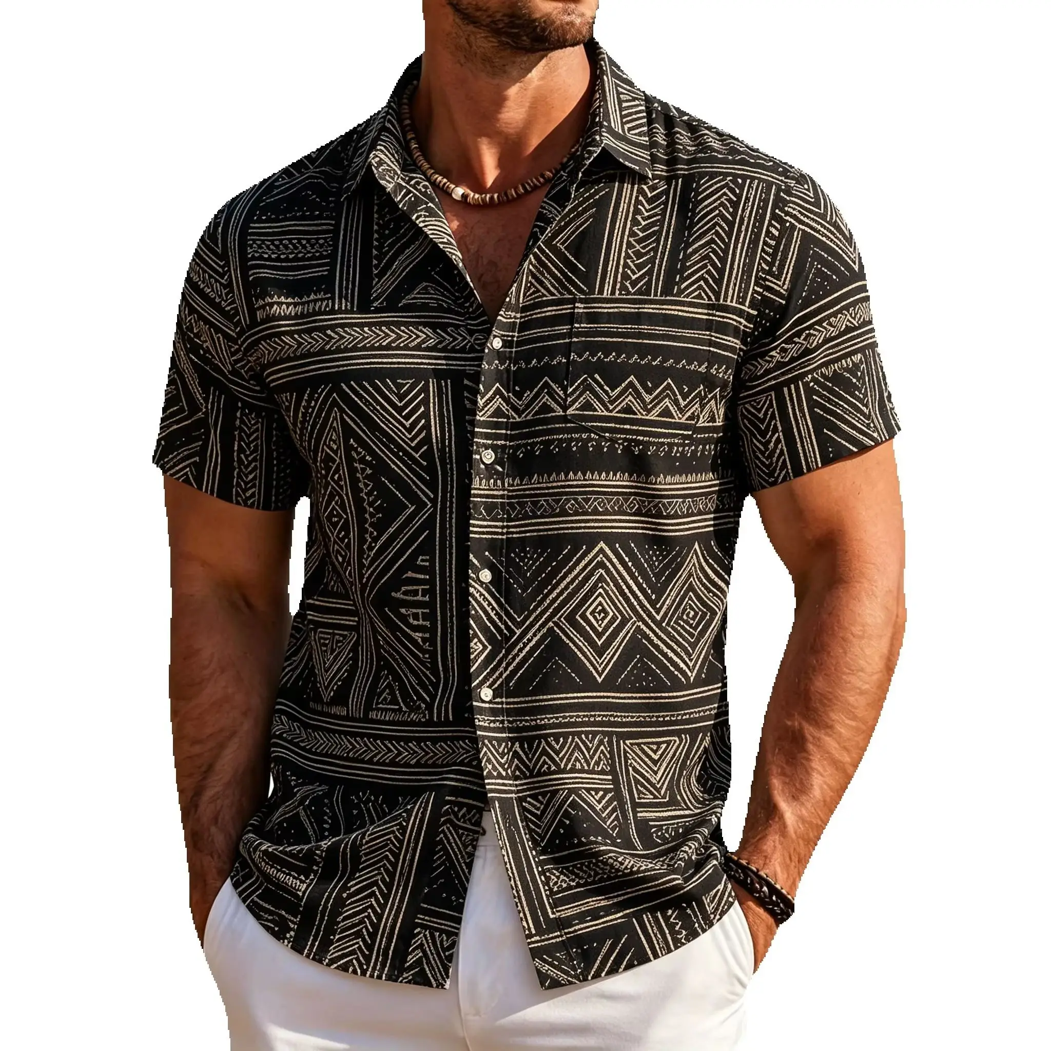

Men's Tribal Geometric Print Short Sleeve Shirt Boho Ethnic Button Down Casual Summer Beach Hawaiian Shirt