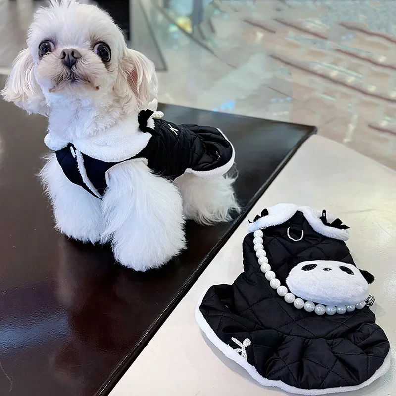 

Cute Puppy Dress Winter Pet Dress Cute Pearl Shoulder Bag Cat Clothes Dog Parkas Can Be Pulled Clothes Panda Vest Puppy Skirt