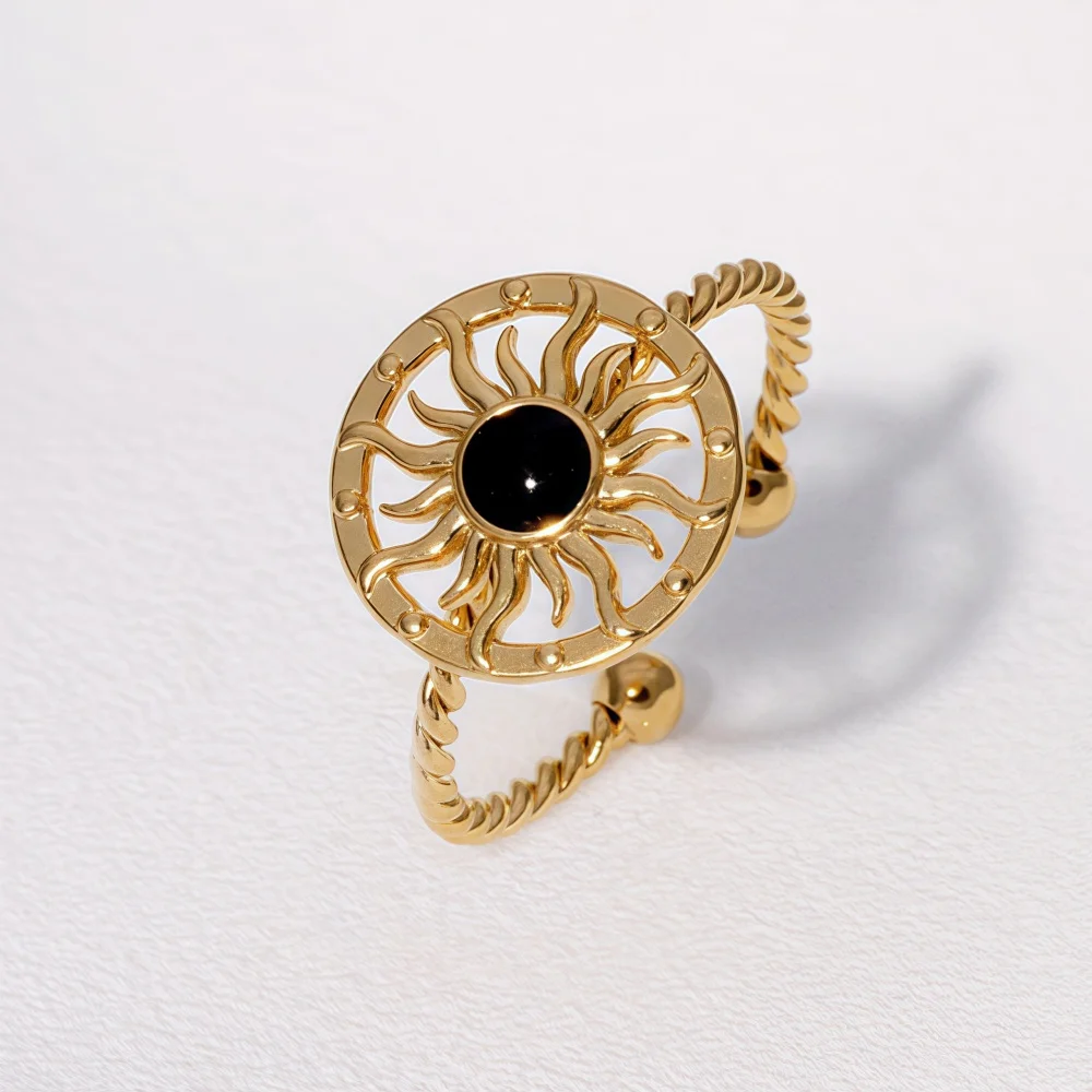French Retro Plated 18k Gold Color Opening Ring Trends Sun Gears Black Stone Stainless Steel Rings For Women Fashion Jewelry