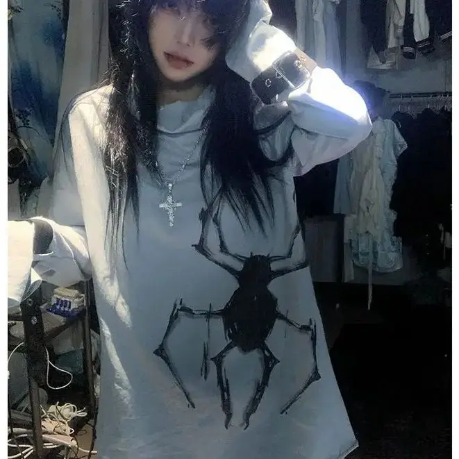 T-shirt Gothic Spider Print Dark Girl Top manica lunga donna sottoculture sciolto e Chic