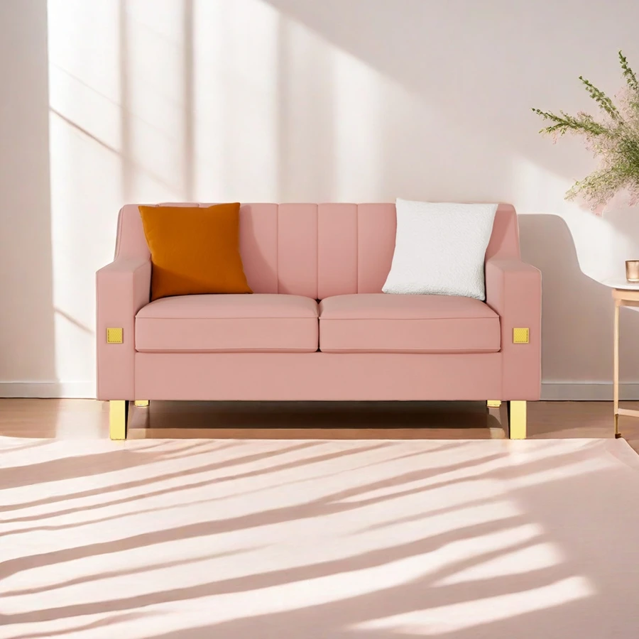 Modern Luxury Pink Velvet 2-seater Sofa With Gold Trim Premium Sofa With Plush Cushions, Suitable For Living Rooms