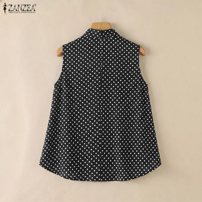 ZANZEA Women Summer Polka Dot Sleeveless Blouses Elegant Bow Tie Neck Layered Detailing Loose A-Line Tops Commute Dates Blusas