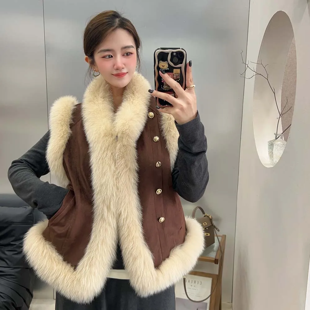 2025 المرأة الشتاء الثعلب الفراء سترة الحلو فروي جاكيت بلا إكمام صدرية أوزة أسفل بطانة الداخلية سترة