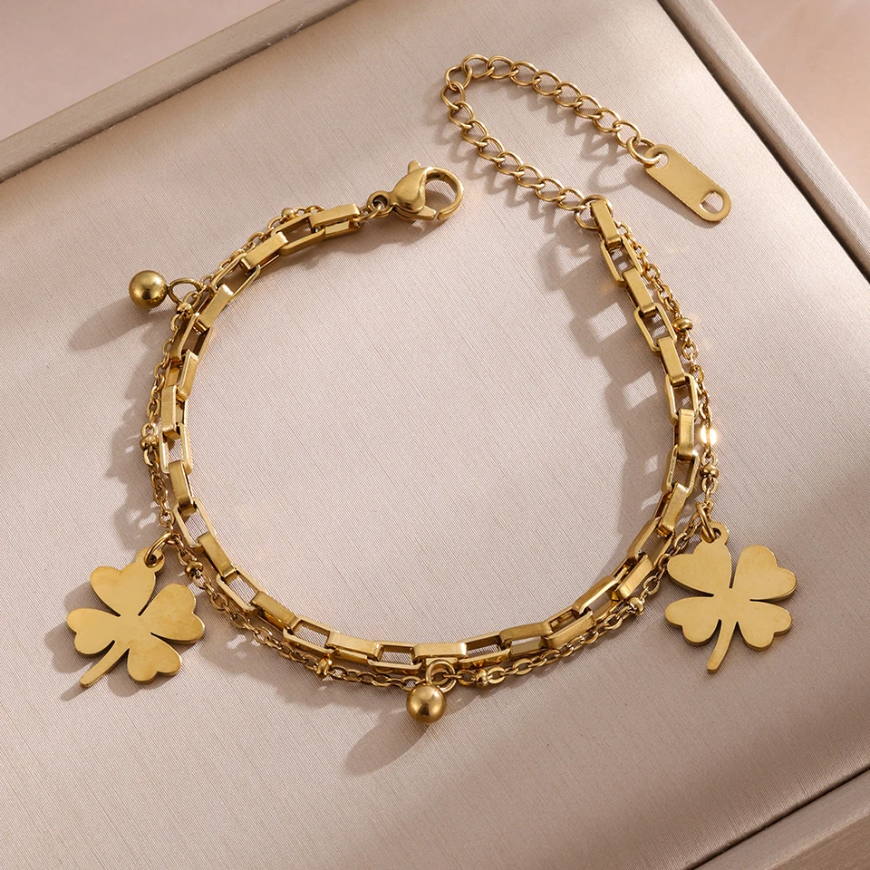Htpwe Stainless Steel Lucky Four-leaf Clover Round Bead Bracelet Women's Plated 18k Couple's Holiday Gift Bracelet Party Jewelry image 5
