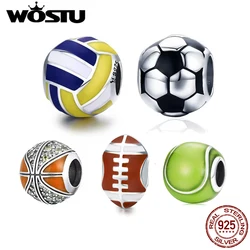 WOSTU 925 Sterling Silver Charm Tennis Ball Volleyball Football Bead Pendant Fit Original Bracelet Necklace For Women Jewelry