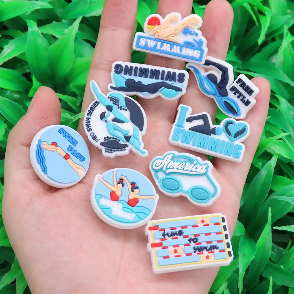 Hot Sale 1-9pcs PVC Shoe Charms Blue Pool Swimming Diving Surfing Accessories DIY Shoes Decoration For Kids X-mas Gift