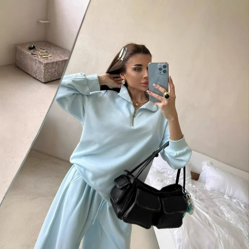 Herbst Neue Schwere Industrie Bestickt Halb-reißverschluss Langarm Top Breite bein Hosen Zwei-stück Set für frauen Temperament