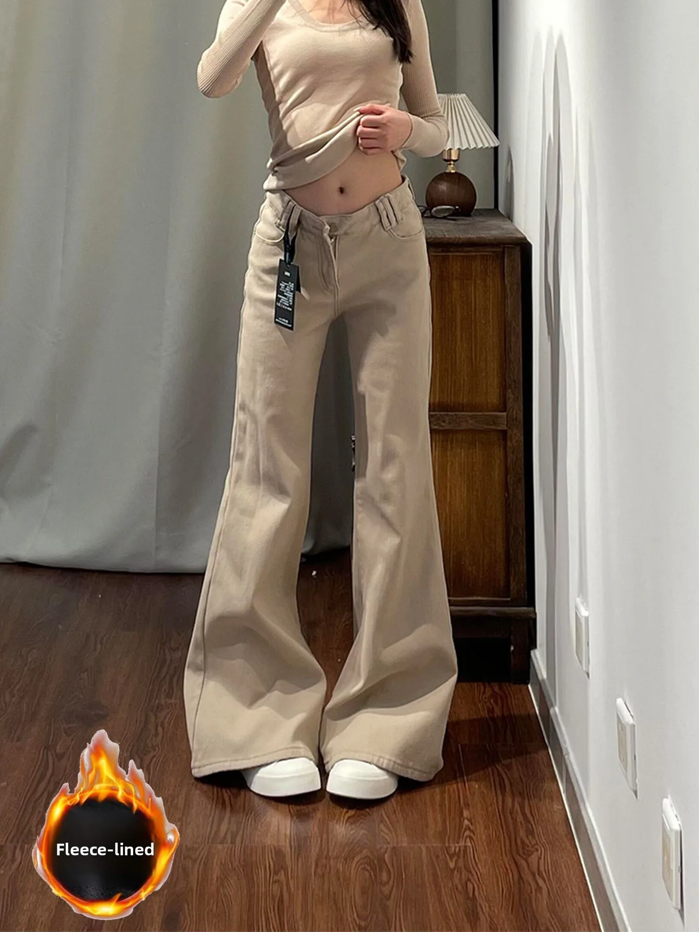 

Джинсы женские прямые с высокой талией, цвет хаки, свободного кроя, с подкладкой, расклешенные, удлиненные, для осени и зимы, новинка...