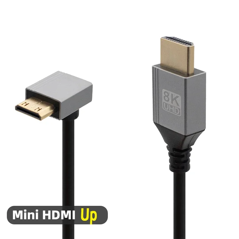 Mini/Micro HDMI-compatibele 8K UHD-kabel 90 graden omhoog/omlaag/links/rechts gebogen HD-poort Dun snoer voor laptopcamera Tablet Camcorder