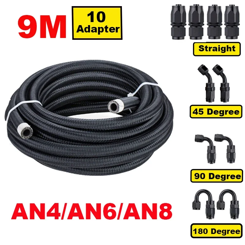 30FT 9M AN4 AN6 AN8 Stainless Braided Nylon CPE Oil Fuel Fittings Hose End 0+45+90+180 Degree Oil Adaptor Kit Oil Fuel Hose Line