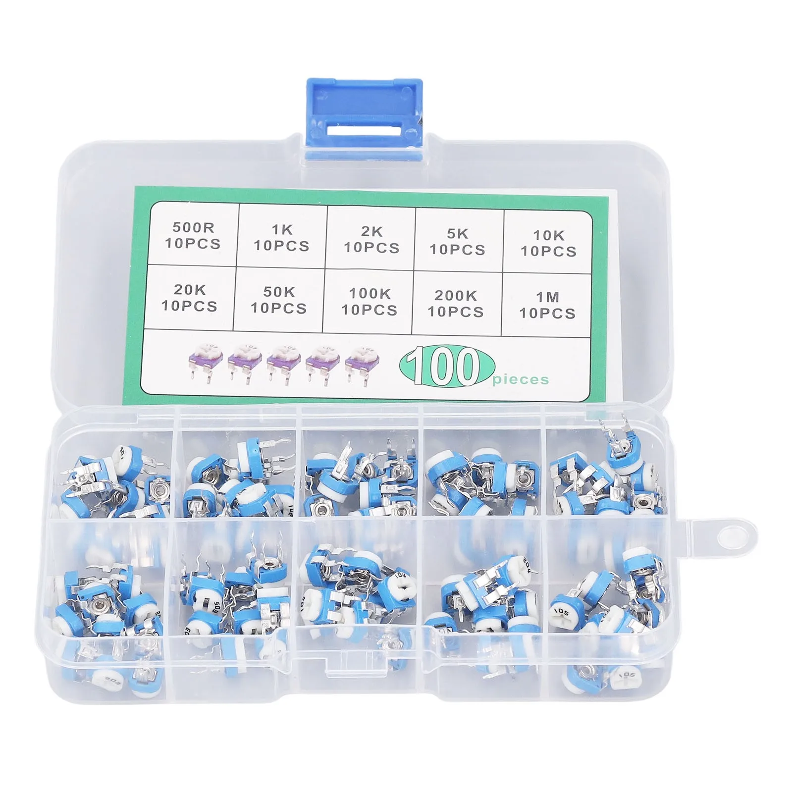 100 Pcs Variable Resistor 10 Values 500R To 1M RM065 Blue White Trimmer Potentiometer Assortment Kit