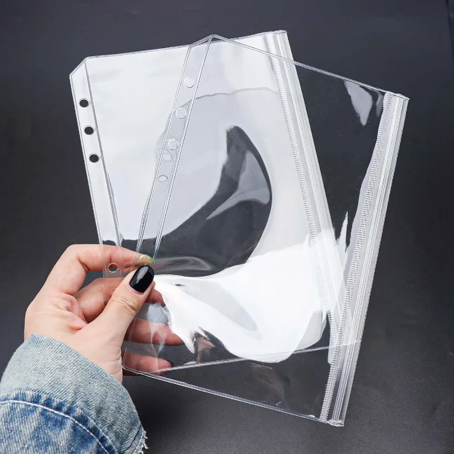 12 قطعة A5 جيوب الموثق واضح زيبلوك جيب 6 ثقوب شفافة الموثق الحقائب الأكمام شقة ختم سستة حقيبة التخزين صفحة Pr #3