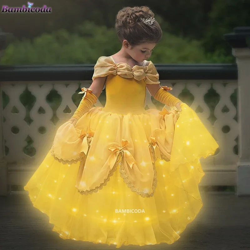 Cosplay Belle dress girls LED light up dresses for Beauty and the Beast kids party clothing magic stick crown children costume